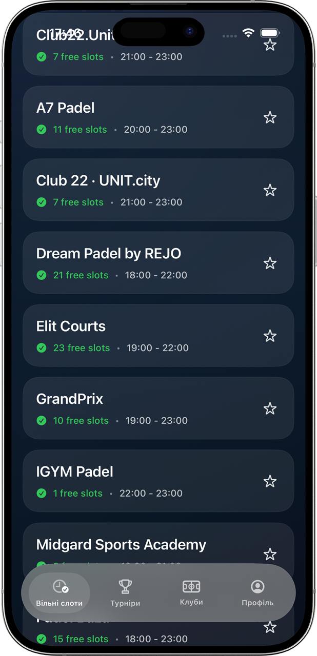 PalaGo club availability list screen