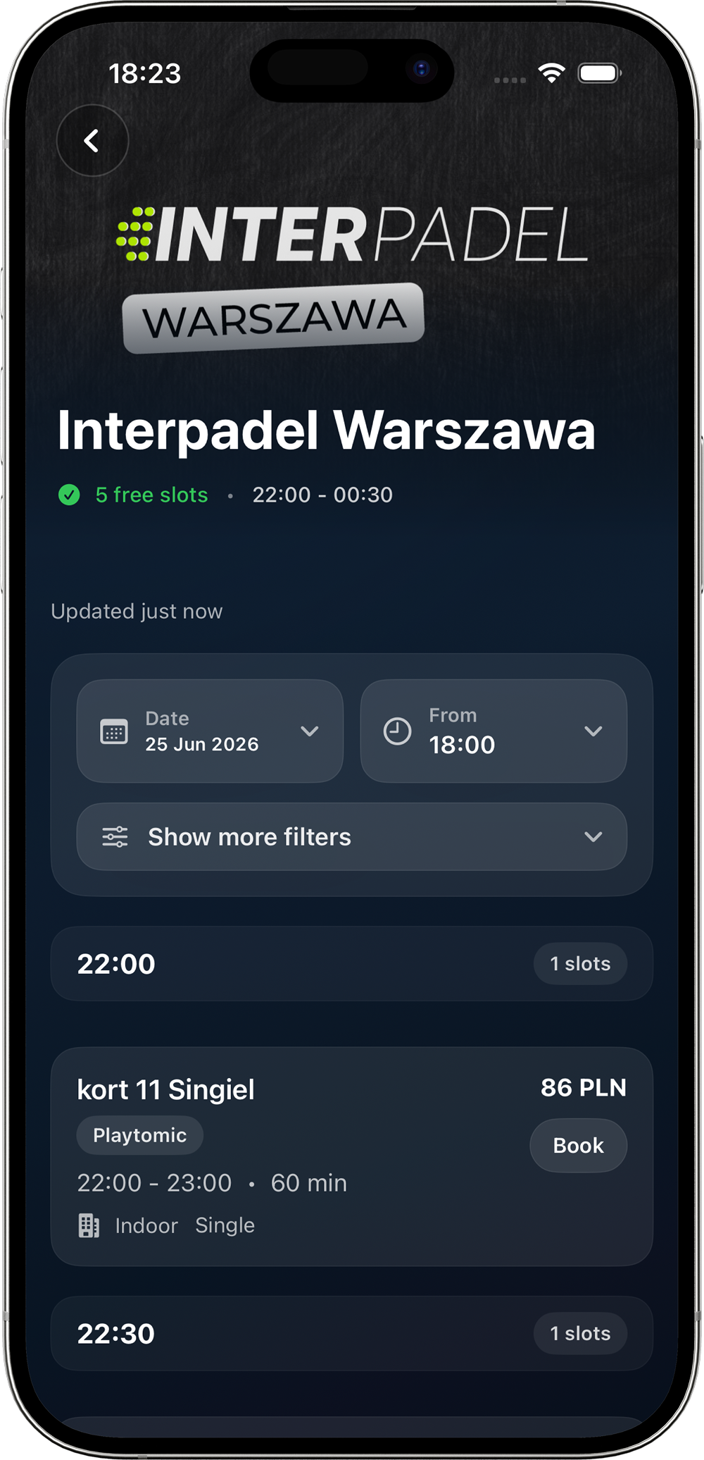 PalaGo Interpadel Warszawa available slots screen